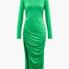 Asymmetrical Hem Round Neck Ruched Long Sleeve Maxi Dress