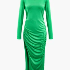 Asymmetrical Hem Round Neck Ruched Long Sleeve Maxi Dress