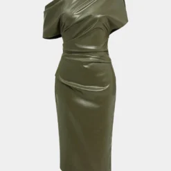 Asymmetrical Shoulder Faux Leather Bodycon Dress