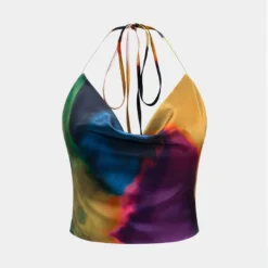 Ombre Print Satin Tie Up Zipper Cami Top