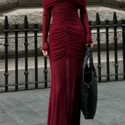 Mesh Sheer Ruched Off Shoulder Long Sleeve Maxi Dress