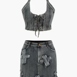 Denim Tie Up Halter And Mini Skirt Set -Women's Clothing Store 02df494e 8b85 458e 8661 02da94fe53d1