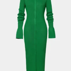 Shell Sleeve Ribbed Buttons Down Maxi Dress