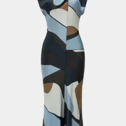 Abstract Geometric Print Satin Hollow Out Sleeveless Maxi Dress