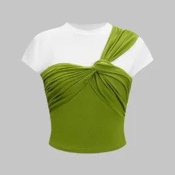Asymmetrical Patchwork Twist Knot Short Sleeve T-Shirt