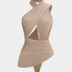 Mesh Asymmetrical Ruched Cut Out Bodysuit