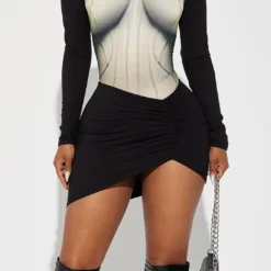 Body Print Round Neck Long Sleeve Ruched Mini Dress