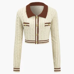 Knit Color Block Button Fake Pockets Long-Sleeve Top