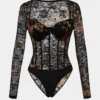 Sheer Lace Corset Long Sleeve Bodysuit