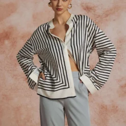 Stripe Print Satin Long-Sleeve Shirt -Women's Clothing Store 05e30f4d d5cb 4c02 a908 e029e6d61393
