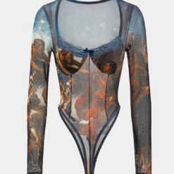 Retro Print Lace Patchwork Long Sleeve Bodysuit