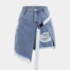Denim Asymmetrical Ripped Frayed Skirt