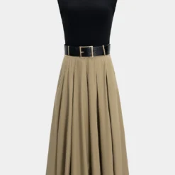 Contrast Patchwork Belted Sleeveless Midi Dress