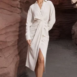 Linen Ruched Button-Up Slit Midi Shirt Dress