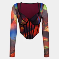 Abstract Print Mesh Patchwork Corset Long-Sleeve Top