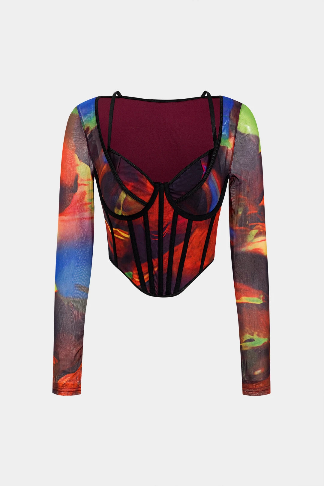 Abstract Print Mesh Patchwork Corset Long-Sleeve Top 1 Abstract Print Mesh Patchwork Corset Long-Sleeve Top