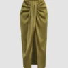 Satin Ruched Slit Midi Skirt