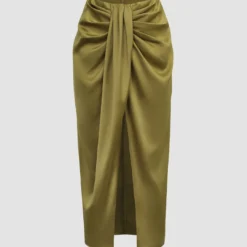 Satin Ruched Slit Midi Skirt