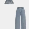 Denim Shirred Ruched Tube Top And Jeans Set