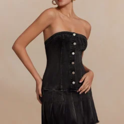 Denim Pleated Strapless Mini Dress -Women's Clothing Store 08e0671f 85ff 4ac9 b53b 820f9e2bf950