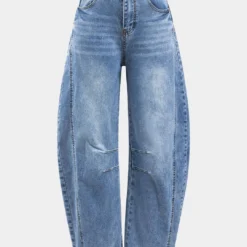 Denim Buton Pocket Wide Leg Barrel Jeans