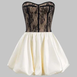 Satin Lace Pleated Patchwork Bustier Corset Strapless Mini Dress