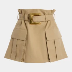 Metallic Decor Belted Ruched Zipper Detail Skirt