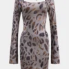 Leopard Print Backless Off Shoulder Long Sleeve Mini Dress