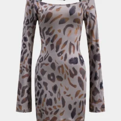 Leopard Print Backless Off Shoulder Long Sleeve Mini Dress