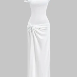 Ruched Asymmetry Twist Knot Short Sleeve Slit Midi Dress