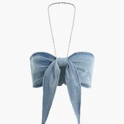 Chain Strap Halter Denim Bow Cami Top