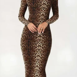 Leopard Print Long Sleeve Slim Midi Dress