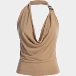 Metallic Decor Cowl Neck V-Neck Ruched Top