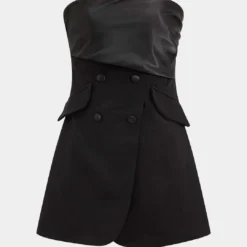 Satin Button Flap Pocket Strapless Mini Dress