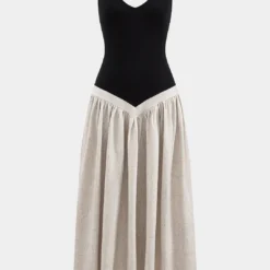 Linen Patchwork Ruched Sleeveless Maxi Dress