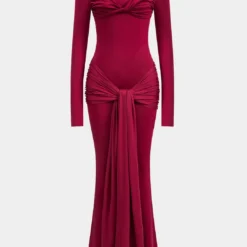 Ruched Twist Knot Long Sleeve Maxi Dress