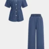 Denim Drawstring Buttons Top And Jeans Set
