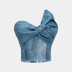 Denim Print Asymmetrical Twist Knot Strapless Tube Top