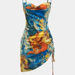 Watercolor Print Satin Ruched Drawstring Slip Mini Dress -Women's Clothing Store 13e27c26 cd0c 4f56 9e55 dd225609366d
