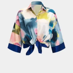 Abstract Print Satin Button Patchwork Short-Sleeve Shirt