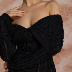 Off Shoulder Textured Button Up Slit Long Sleeve Maxi Dress -Women's Clothing Store 1617cca1 5b1d 4229 bc85 8669ec15aeb6