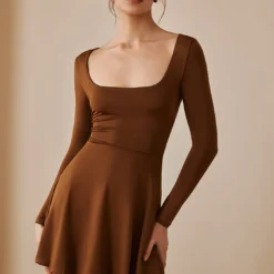 Basic Solid Long Sleeves U-Neck A-Line Mini Dress -Women's Clothing Store 163957d5 5b20 47c9 9012 c01709947e6f