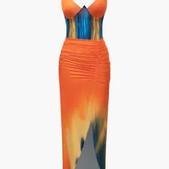 Tie Dye Print V-neck Ruched Maxi Dress