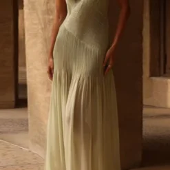 Pleated Slip V-Neck Backless Sleeveless Slit Maxi Dress