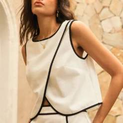 Linen Contrast Binding Asymmetrical Tank Top
