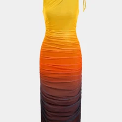 Ombre Print Mesh Ruched Drawstring Midi Dress