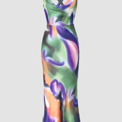 Abstract Print Cross Back Tie Satin Midi Dress