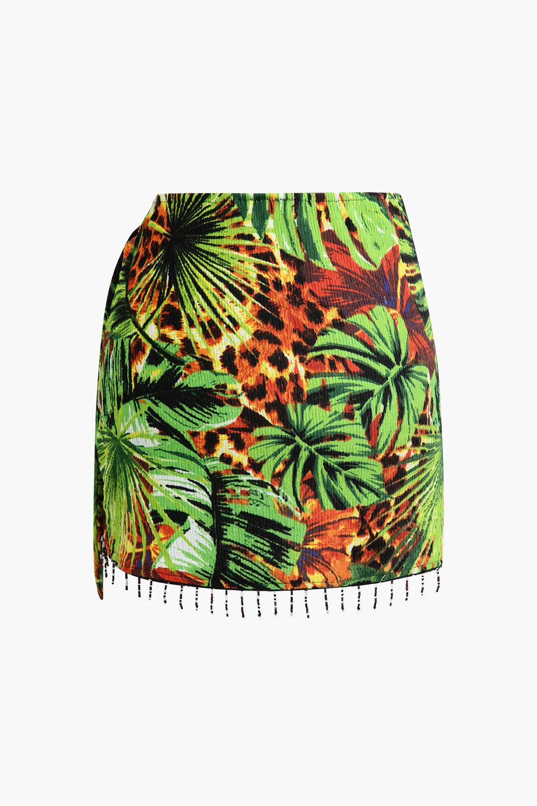 Palm Leaf Print Fringe Knot Mini Skirt 3 Palm Leaf Print Fringe Knot Mini Skirt - Image 3