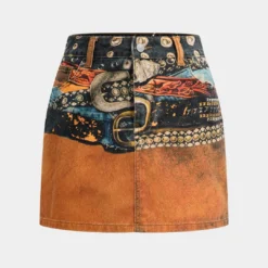 Retro Print Denim Skirt