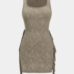 Square Neck Sleeveless Fringe Trim Mini Dress